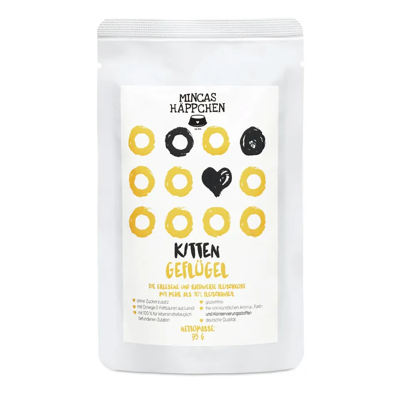 Markenware Sparpaket 24 x 95 g Mincas Häppchen Kitten Geflügel & Leinöl Katzen Nassfutter